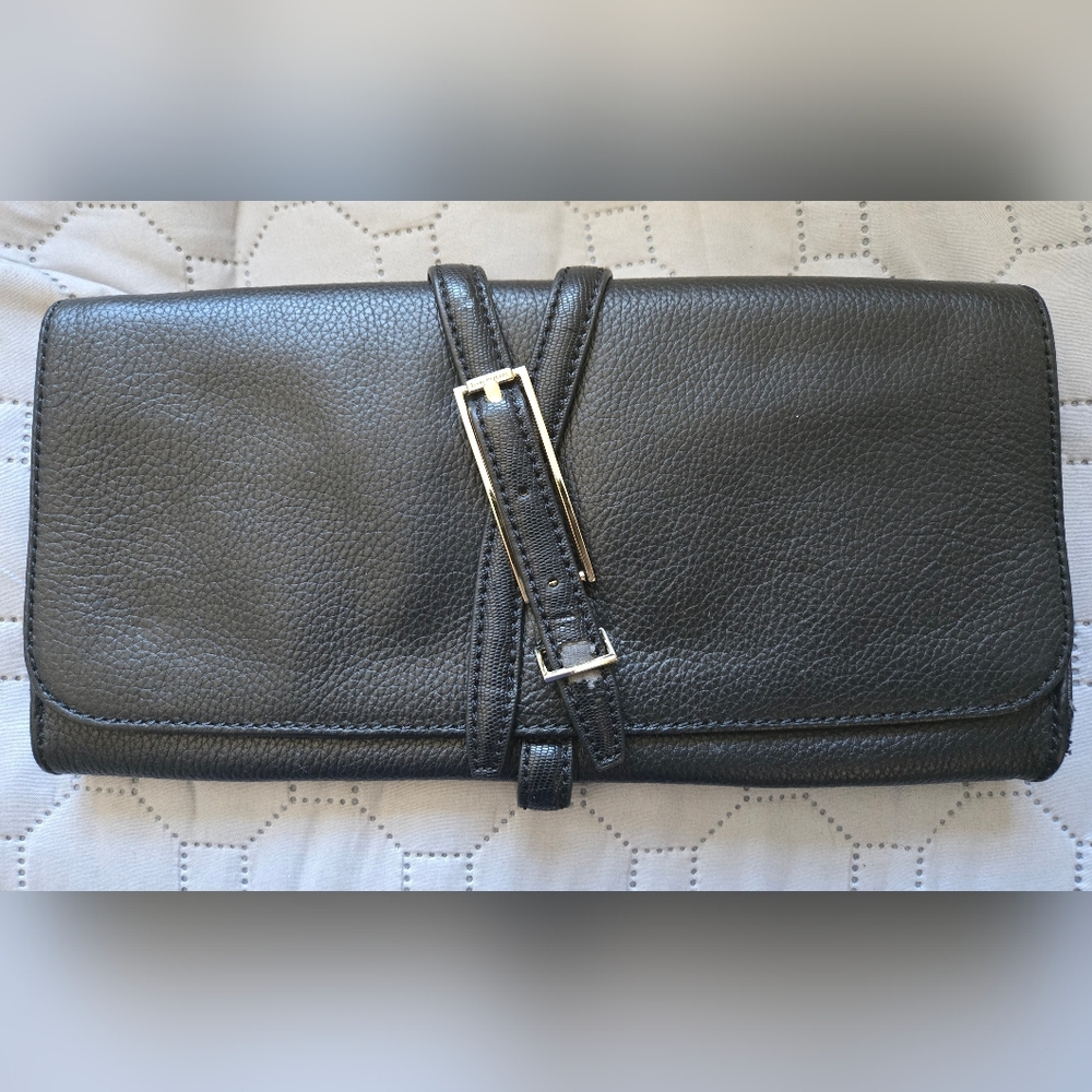 Isaac Mizrahi Black Faux Pebbled Leather Clutch with gold hardware